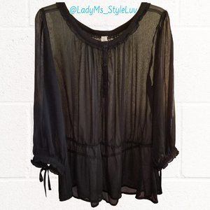 Old Navy Sheer Black Long Tie Balloon Sleeve Peplum Style Top XL EUC